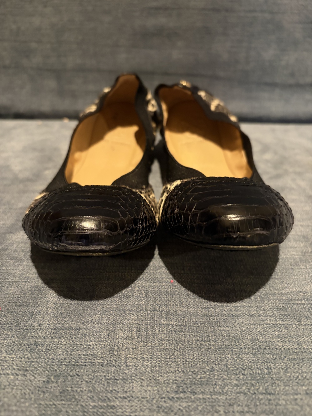 Tory Burch Black Leather Textured Cap-Toe Ballet Flats